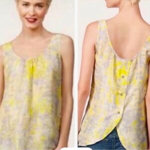 CAbi Whisper Silk Button Back Yellow and Gray Sleeveless Blouse- Small